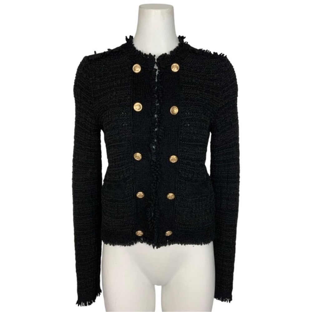 Intermix Lila silk blend Cropped Jacket Sweater Blazer Black Tweed Gold Buttons